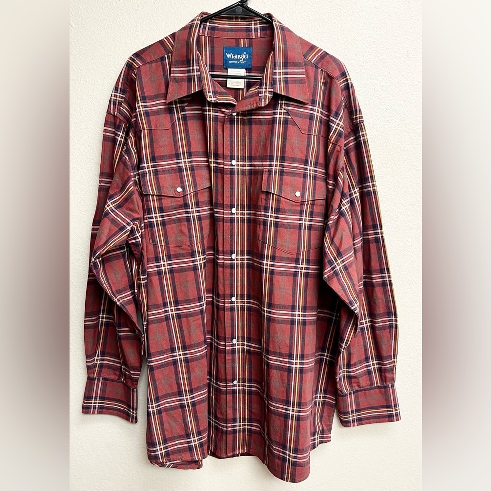 Vintage Wrangler Pearl Snap Western Shirt Red Plaid Long Sleeve Size 2XLT EUC